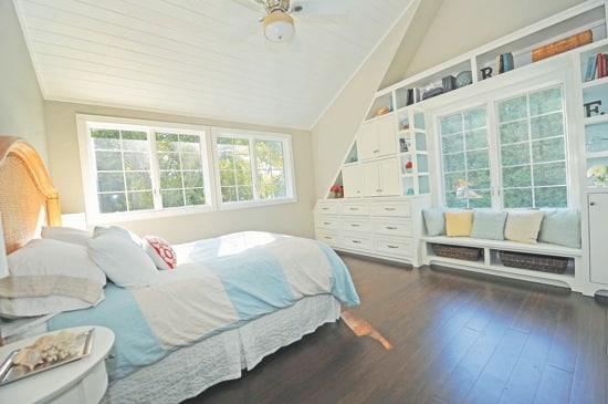 Master bedroom -- bamboo floors, custom built-its