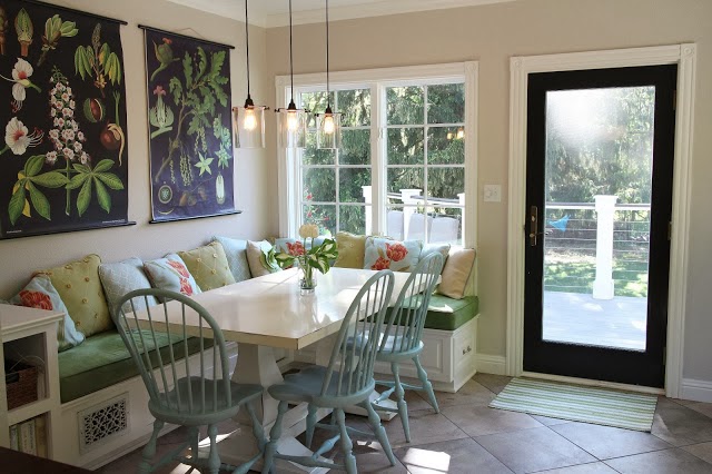 Banquette eating area, vintage school charts  -- The Impatient Gardener