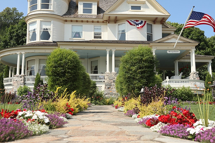 Mackinac Island planted walkway.