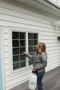 Apply house cleaner with a pump sprayer, then let it sit a bit before pressure washing.