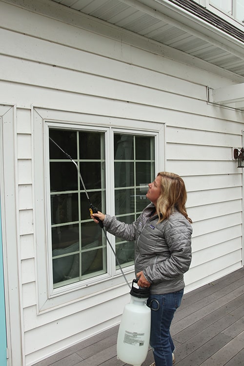 Apply house cleaner with a pump sprayer, then let it sit a bit before pressure washing.