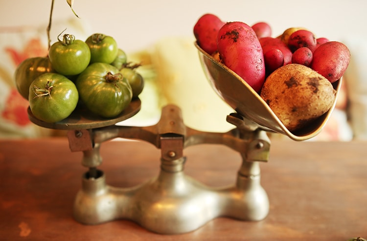 Vegetables on antique scale