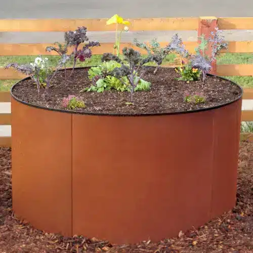 weathered steel round raised bed planter